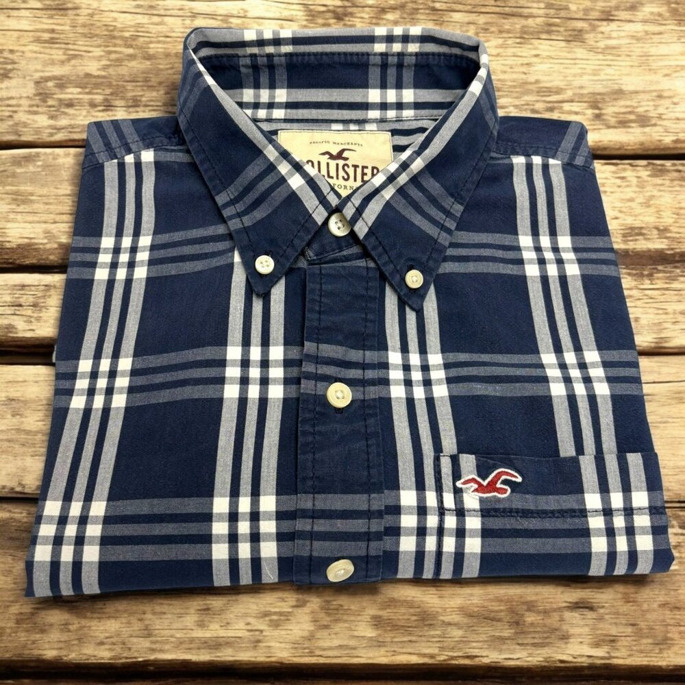 Hollister Navy White Plaid Red Logo Long Sleeve Button Collar Shirt